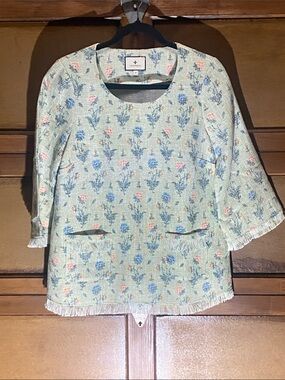 Tuckerneck Floral Jardin Tapestry Top with long Sleeves and Fringe Sz Small